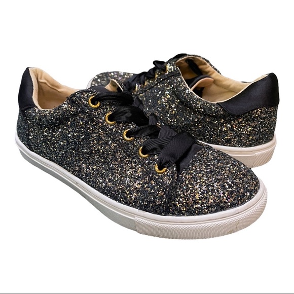 Betsey Johnson Shoes - BETSEY JOHNSON Rae Glitter Sneakers Black/Gold Ribbon Laces Size 8.5